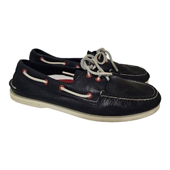SPERRY Topsiders Blue Leather White Laces Red Grommets - Size 10 1/2 - Picture 1 of 10